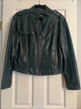 Guess Women's Dark Green Faux Leather Moto Jacket
